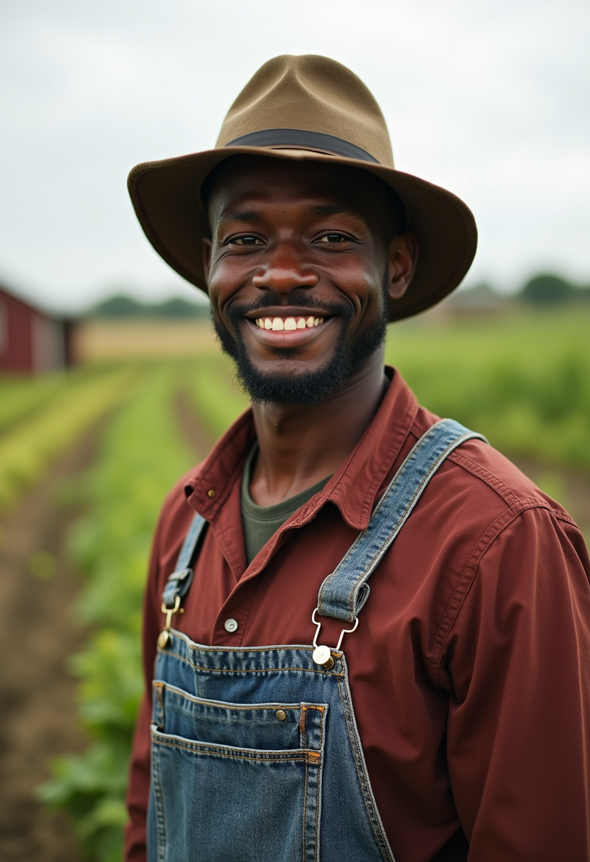 Black farmer in field with a hat and overalls