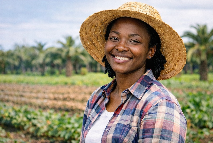 Black woman farmer in a field wearing a straw hat